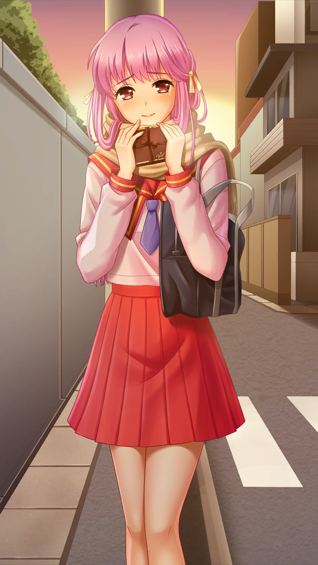 1girl bag bangs brown_eyes closed_mouth doukyuusei doukyuusei_another_world dusk eyebrows_visible_through_hair game_cg gift_bag hair_ribbon holding holding_bag long_sleeves looking_at_viewer miniskirt necktie official_art outdoors pink_hair pink_shirt pleated_skirt purple_neckwear red_sailor_collar red_skirt ribbon road sailor_collar sakuragi_mai scarf school_bag school_uniform shiny shiny_hair shirt skirt smile solo standing street tied_hair valentine yellow_ribbon