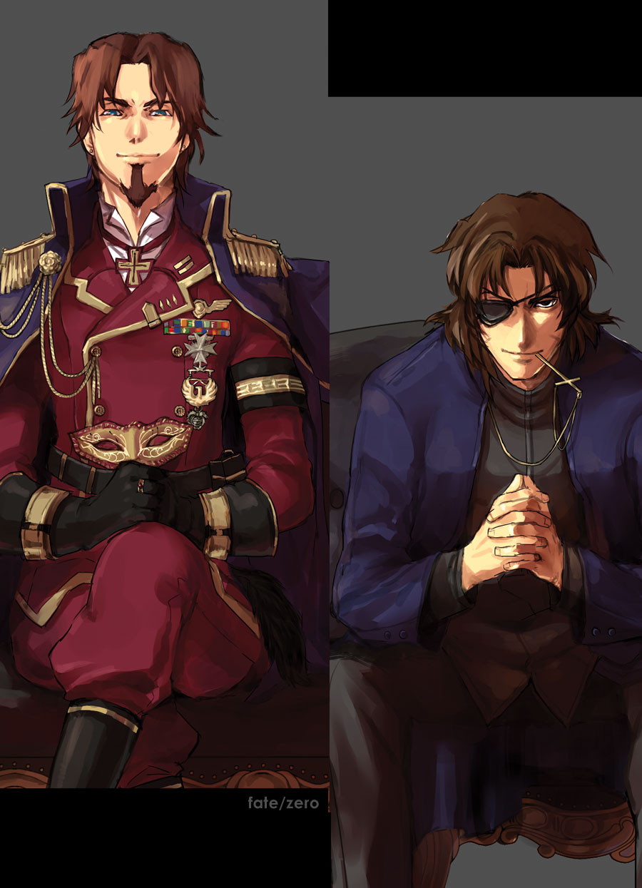 2boys blue_eyes brown_eyes brown_hair cross cross_necklace crossed_legs epaulettes eyepatch facial_hair fate/stay_night fate/zero fate_(series) gloves goatee jewelry kotomine_kirei military military_uniform mouth_hold multiple_boys necklace rickar sitting title_drop toosaka_tokiomi uniform