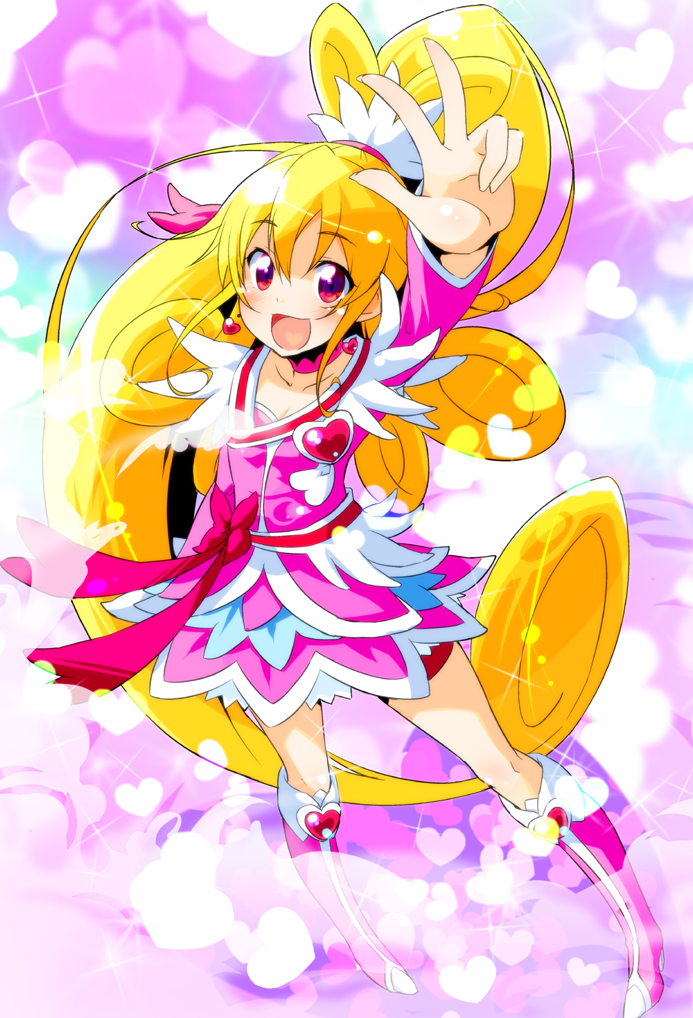1girl :d aida_mana arm_up blonde_hair boots bow choker cure_heart curly_hair dokidoki!_precure earrings half_updo heart heart_background jewelry long_hair magical_girl open_mouth pink_eyes ponytail precure ribbon skirt smile solo sw v