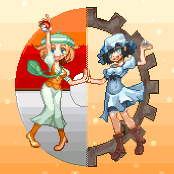 2girls :d arm_up bag bel_(pokemon) black_hair blonde_hair blue_dress blue_eyes boots breasts crossover dress gears gradient gradient_background green_eyes hands_together hat holding holding_poke_ball lowres metal_upa migelfutosi multiple_girls open_mouth orange_background pantyhose pixel_art poke_ball pokemon pokemon_(game) shiina_mayuri short_hair smile steins;gate upa_(steins;gate)