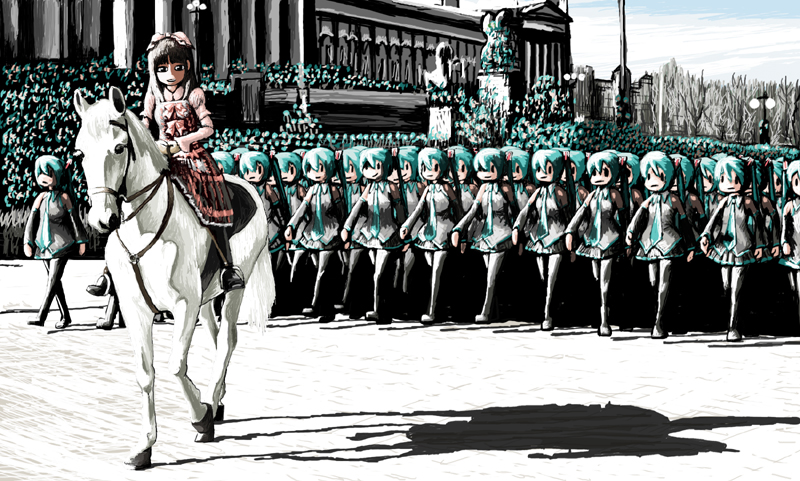 building commentary_request dress hatsune_miku horse monument parade rxjx seiyuu shadow statue uesaka_sumire vocaloid white_horse