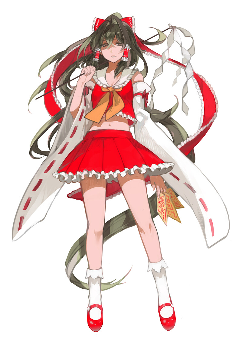 1girl absurdly_long_hair adapted_costume black_hair bow detached_sleeves gohei grey_eyes hair_bow hair_tubes hakurei_reimu long_hair long_sleeves looking_at_viewer midriff navel neckerchief nod ponytail red_shoes shaded_eyes shirt shoes simple_background skirt socks solo spell_card touhou very_long_hair white_background white_legwear wide_sleeves