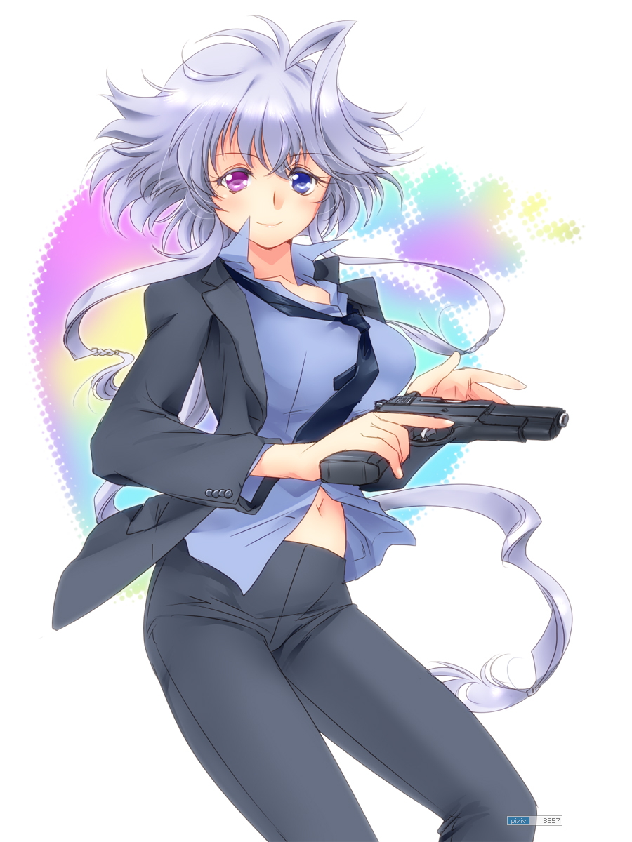 1girl blue_eyes blush formal gun handgun heterochromia highres lavolpe_(yagisaka_seto) long_hair looking_at_viewer navel necktie original pant_suit payot silver_hair simple_background smile solo suit trigger_discipline very_long_hair violet_eyes weapon white_background yagisaka_seto