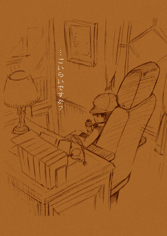 1girl androgynous book cabbie_hat chair desk hat hina_futoshi monochrome office_chair pen persona persona_4 picture_frame pipe pocket_watch reverse_trap shirogane_naoto short_hair sitting sketch smile solo translation_request watch