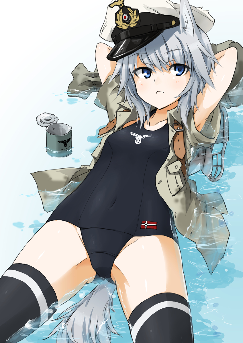 1girl animal_ears arms_behind_head blue_eyes grey_hair hat mecha_musume ogitsune_(ankakecya-han) open_clothes open_shirt school_swimsuit solo submarine swimsuit tail thighhighs wolf_ears