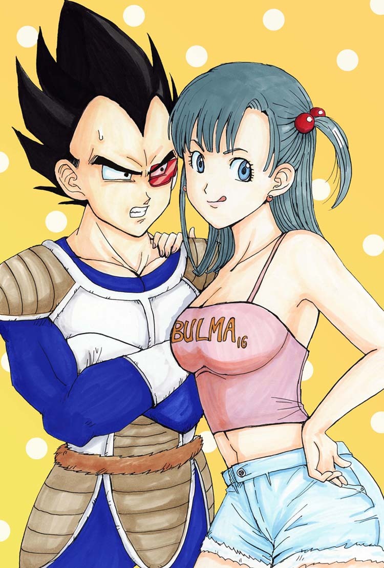 1boy 1girl :q annoyed aqua_hair armor black_eyes black_hair blue_eyes breasts bulma camisole cleavage clenched_teeth crossed_arms denim denim_shorts dragon_ball dragon_ball_z earrings faux_traditional_media hair_ornament hand_on_shoulder jewelry pink_top shorts side_ponytail spiky_hair sweatdrop tail tongue vegeta yrk_yuriko