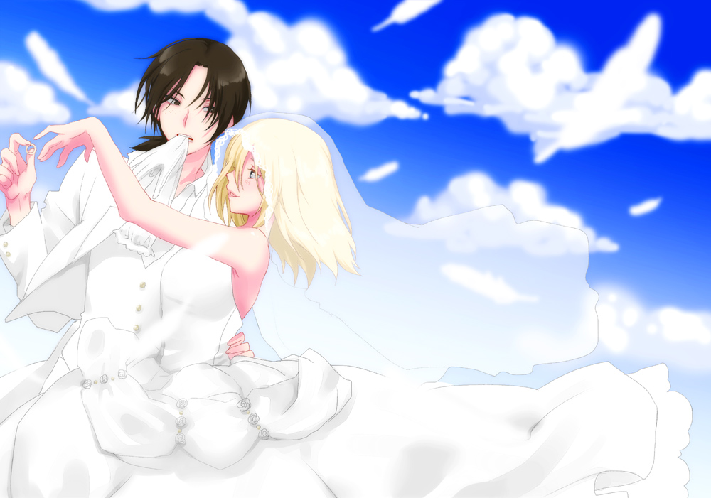 2girls black_hair blonde_hair christa_renz clouds couple dress formal gloves gotdame jewelry mouth_hold multiple_girls outstretched_arm profile ring shingeki_no_kyojin sky veil wedding wedding_dress white_dress ymir_(shingeki_no_kyojin) yuri