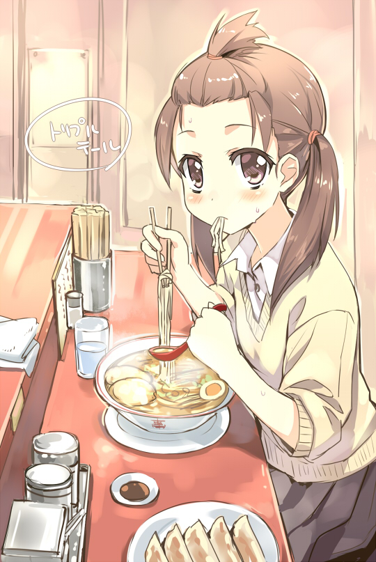 1girl blush brown_eyes brown_hair cardigan chopsticks eating food long_hair looking_at_viewer noodles orda original ramen sitting skirt solo sweat twintails