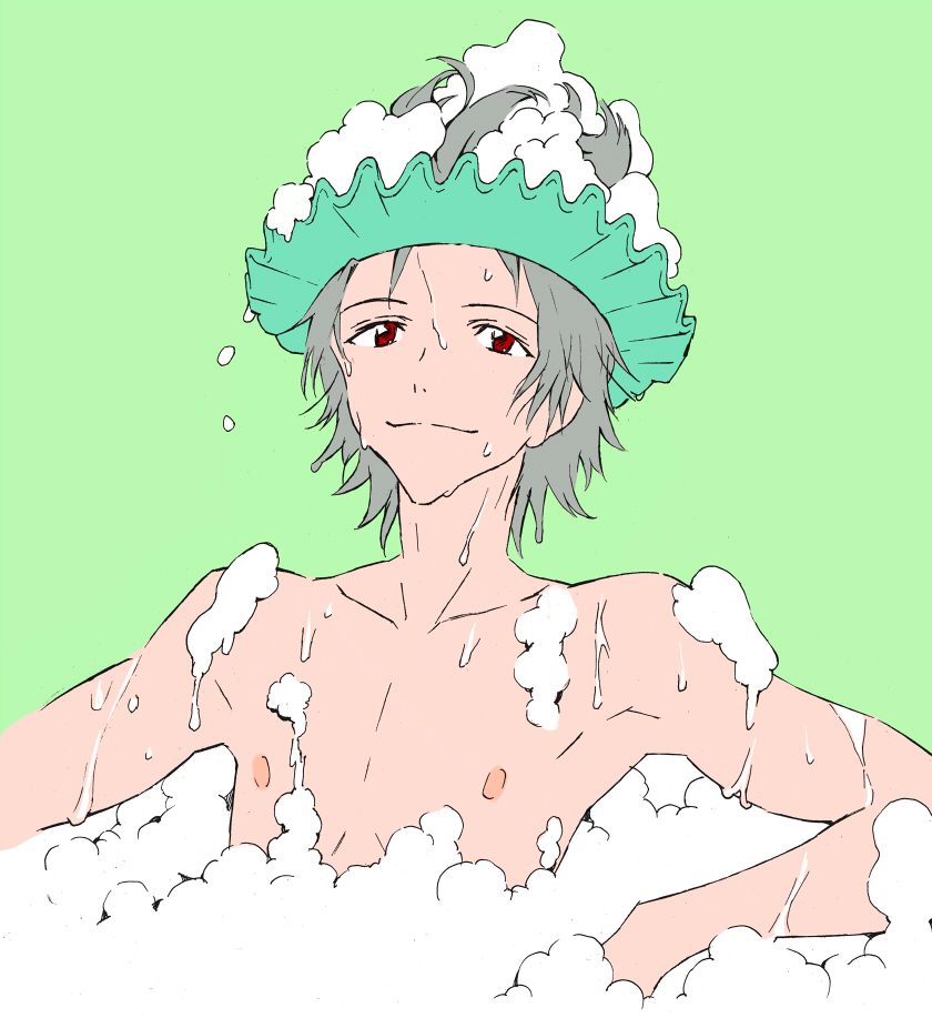 1boy bath bubble chocolate_sable foam nagisa_kaworu neon_genesis_evangelion red_eyes short_hair smile wet white_hair