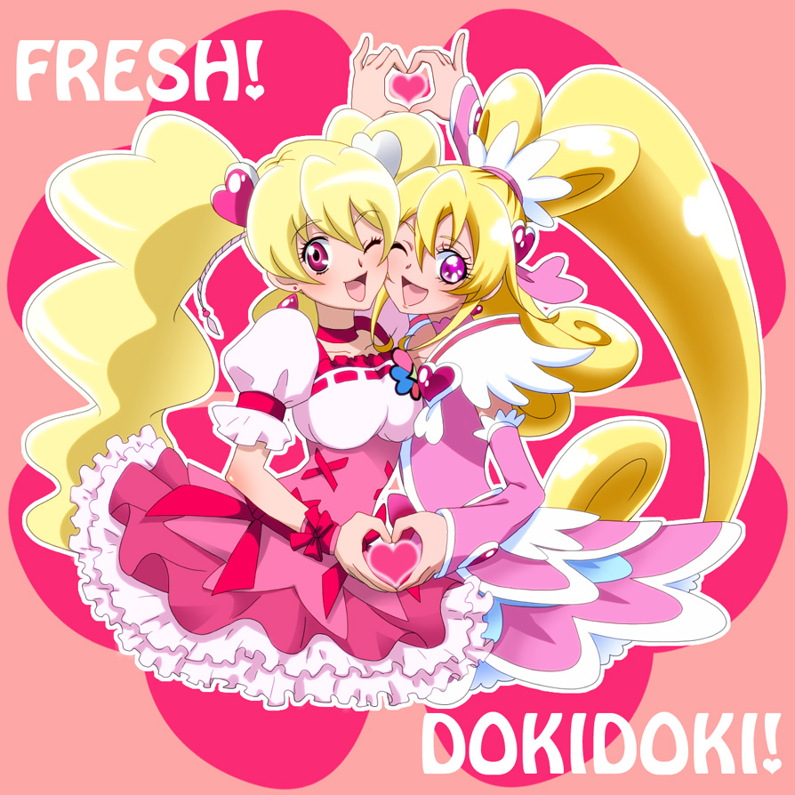 2girls ;d aida_mana arm_warmers blonde_hair bow choker color_connection corset cure_heart cure_peach curly_hair dokidoki!_precure don_(748826) earrings fresh_precure! hair_ornament hairpin half_updo heart heart_hands heart_hands_duo jewelry long_hair look-alike magical_girl momozono_love multiple_girls open_mouth pink_background pink_eyes ponytail precure puffy_sleeves ribbon smile symmetry title_drop twintails wink wrist_cuffs