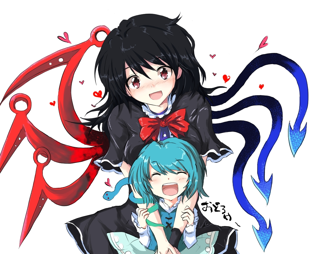 2girls asymmetrical_wings black_dress black_hair blue_hair blush bow child closed_eyes dress echizen heart houjuu_nue hug hug_from_behind long_hair long_sleeves multiple_girls open_mouth red_eyes shirt short_hair short_sleeves skirt smile snake tatara_kogasa touhou vest wings young