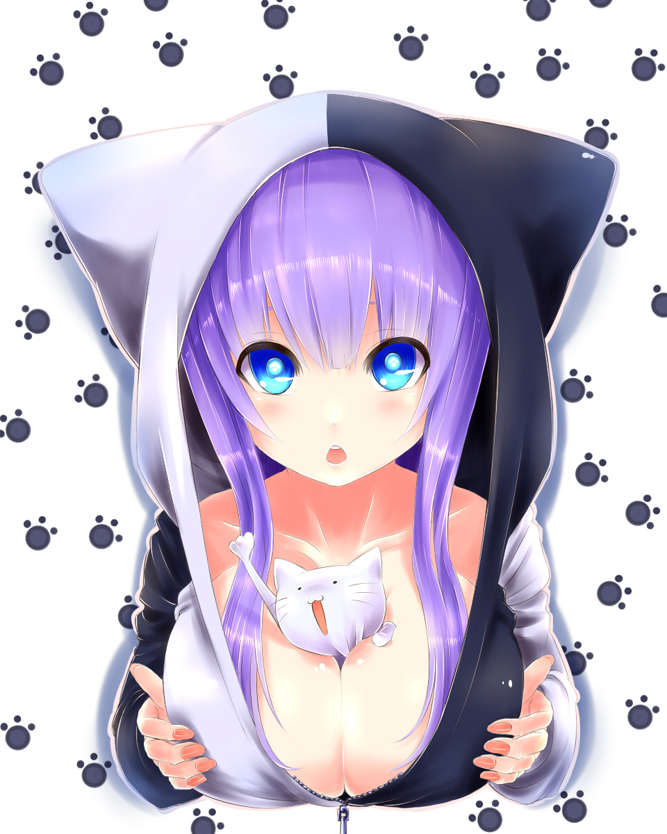 1girl amatelas between_breasts blue_eyes breasts cat cat_paws cleavage hoodie large_breasts long_hair open_mouth original paws purple_hair solo