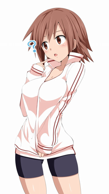 1girl ? blush breasts brown_eyes brown_hair character_request cleavage miki_purasu open_clothes open_mouth solo sportswear