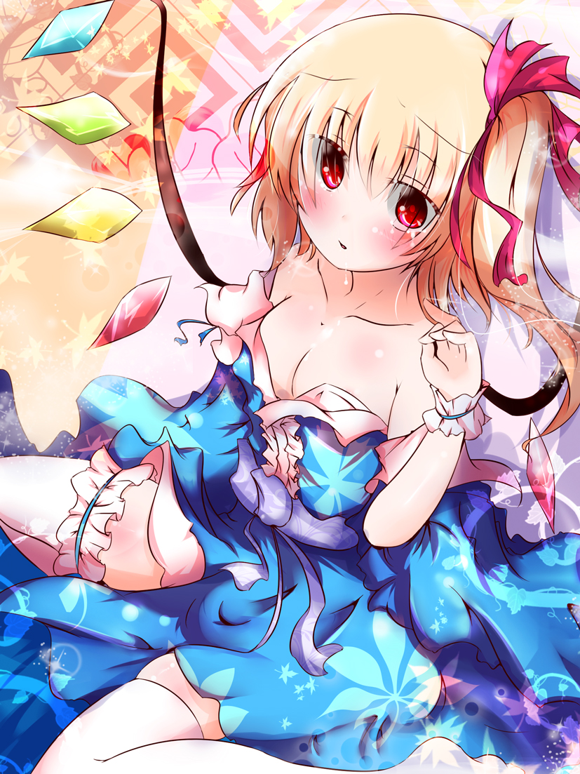 1girl bare_shoulders blonde_hair breasts cleavage crystal dress flandre_scarlet no_hat no_headwear open_mouth red_eyes ribbon sash short_hair side_ponytail sitting solo soulhunter_en tears thigh-highs touhou white_legwear wings