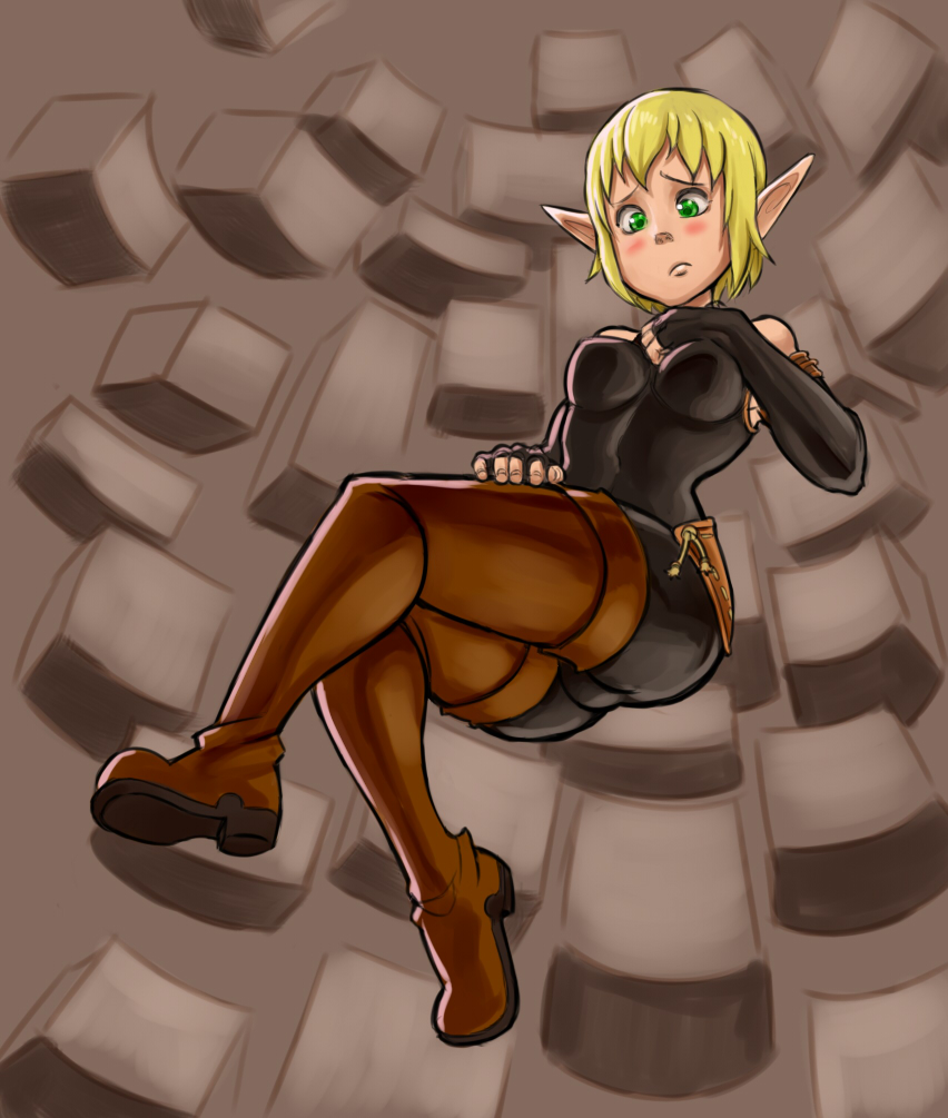 1girl animoose bare_shoulders blonde_hair blush bodysuit boots breasts elbow_gloves elf evangelyne fingerless_gloves gloves green_eyes invisible_chair pointy_ears short_hair sitting skin_tight solo thigh-highs thigh_boots wakfu