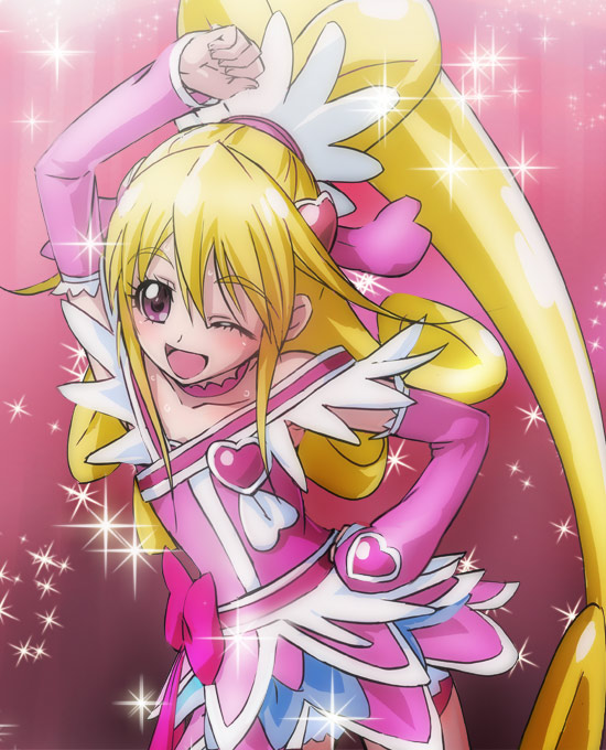 1girl aida_mana blonde_hair cure_heart dokidoki!_precure hand_on_hip haruyama magical_girl open_mouth pink_background pink_eyes ponytail precure skirt solo wink