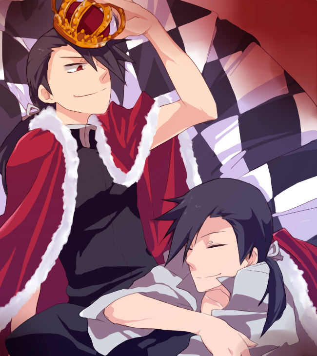 2boys black_hair cape checkered closed_eyes crown dual_persona fullmetal_alchemist greed grin hair_over_one_eye homunculus ling_yao male multiple_boys ponytail red_eyes smile
