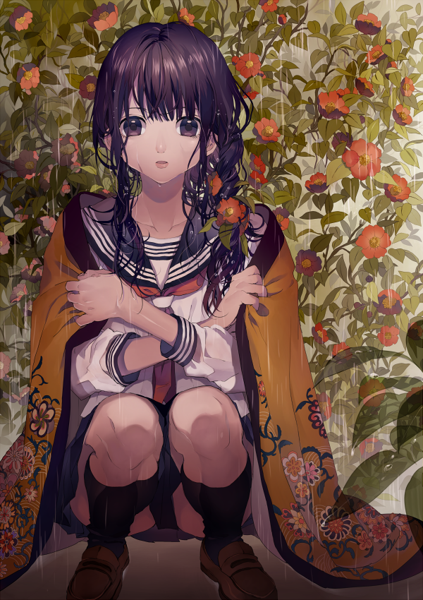 1girl black_eyes black_hair blanket blush flower long_hair looking_at_viewer open_mouth original rain school_uniform serafuku skirt solo squatting tsukioka_tsukiho wet