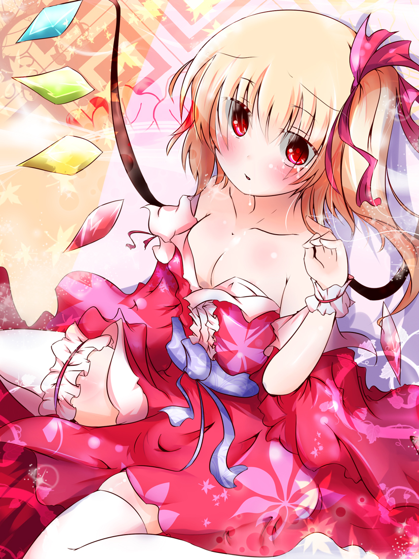 1girl bare_shoulders blonde_hair breasts cleavage crystal dress flandre_scarlet no_hat no_headwear open_mouth red_eyes ribbon sash short_hair side_ponytail sitting solo soulhunter_en tears thigh-highs touhou white_legwear wings