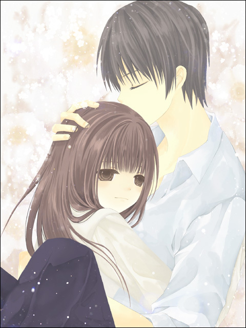 1boy 1girl bad_id black_hair brown_eyes brown_hair closed_eyes copyright_request hand_on_head hug long_hair sera_(narase) shirt short_hair