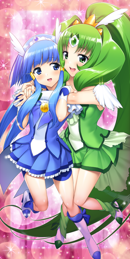 2girls aoki_reika bike_shorts blue_dress blue_eyes blue_hair boots brooch cure_beauty cure_march dress green_dress green_eyes green_hair hair_tubes head_wings hug hug_from_behind jewelry long_hair magical_girl midorikawa_nao multiple_girls payot pink_background precure shoes shorts_under_skirt skirt smile smile_precure! suzume_inui tiara tri_tails