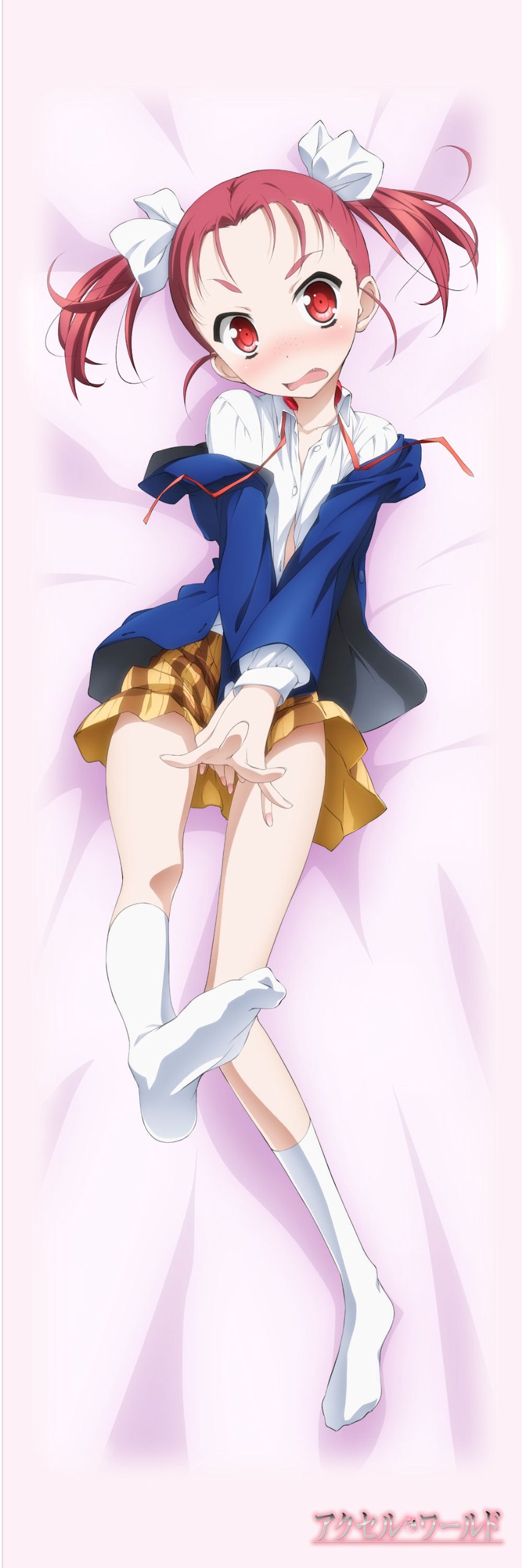 1girl accel_world artist_request bed_sheet blazer blush bow covering dakimakura dress_shirt embarrassed fang freckles hair_bow highres jpeg_artifacts kneehighs kouzuki_yuniko lying no_shoes off_shoulder on_back open_clothes open_jacket open_mouth red_eyes redhead ribbon school_uniform shirt short_twintails skirt socks solo title_drop twintails unbuttoned untied wavy_mouth white_legwear