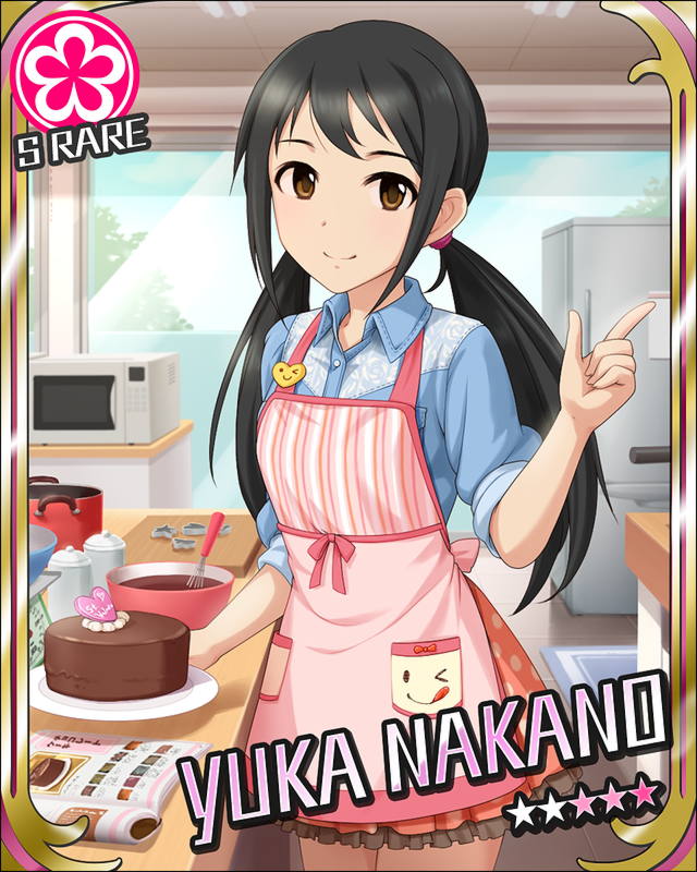 1girl ;q apron black_hair book brown_eyes cake character_name chocolate chocolate_cake chocolate_making cookbook cooking dish food idolmaster idolmaster_cinderella_girls index_finger_raised indoors jpeg_artifacts kitchen light_smile long_hair looking_at_viewer low_twintails mixing_bowl nakano_yuka official_art open_book oven raised_finger refrigerator shirt sleeves_rolled_up solo tongue twintails valentine whisk window wink