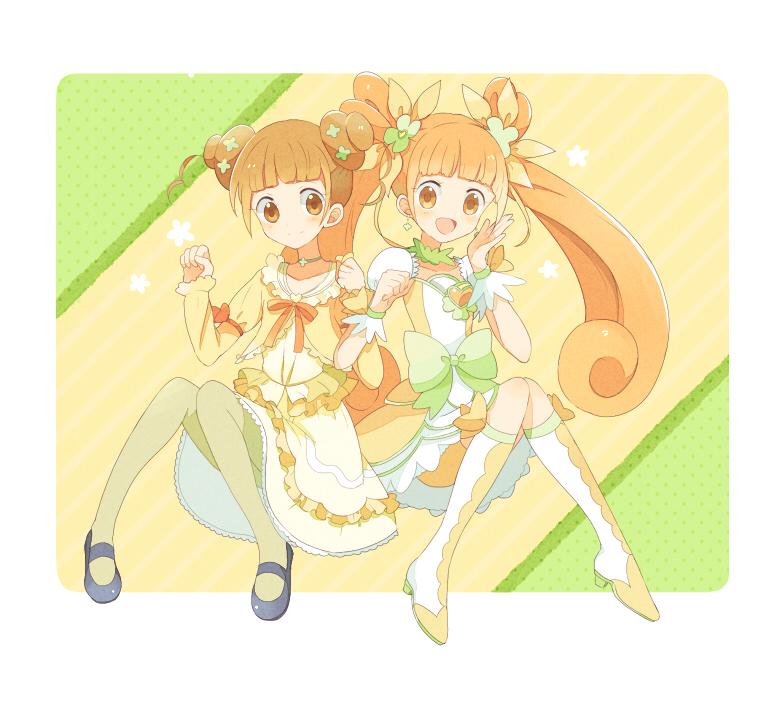 2girls :d boots bow brown_eyes brown_hair choker cure_rosetta dokidoki!_precure double_bun dress dual_persona earrings flower hair_flower hair_ornament jewelry long_hair magical_girl mei_(maysroom) multiple_girls open_mouth pantyhose precure puffy_sleeves ribbon shoes short_hair short_twintails smile twintails wrist_cuffs yellow yellow_background yellow_legwear yotsuba_alice