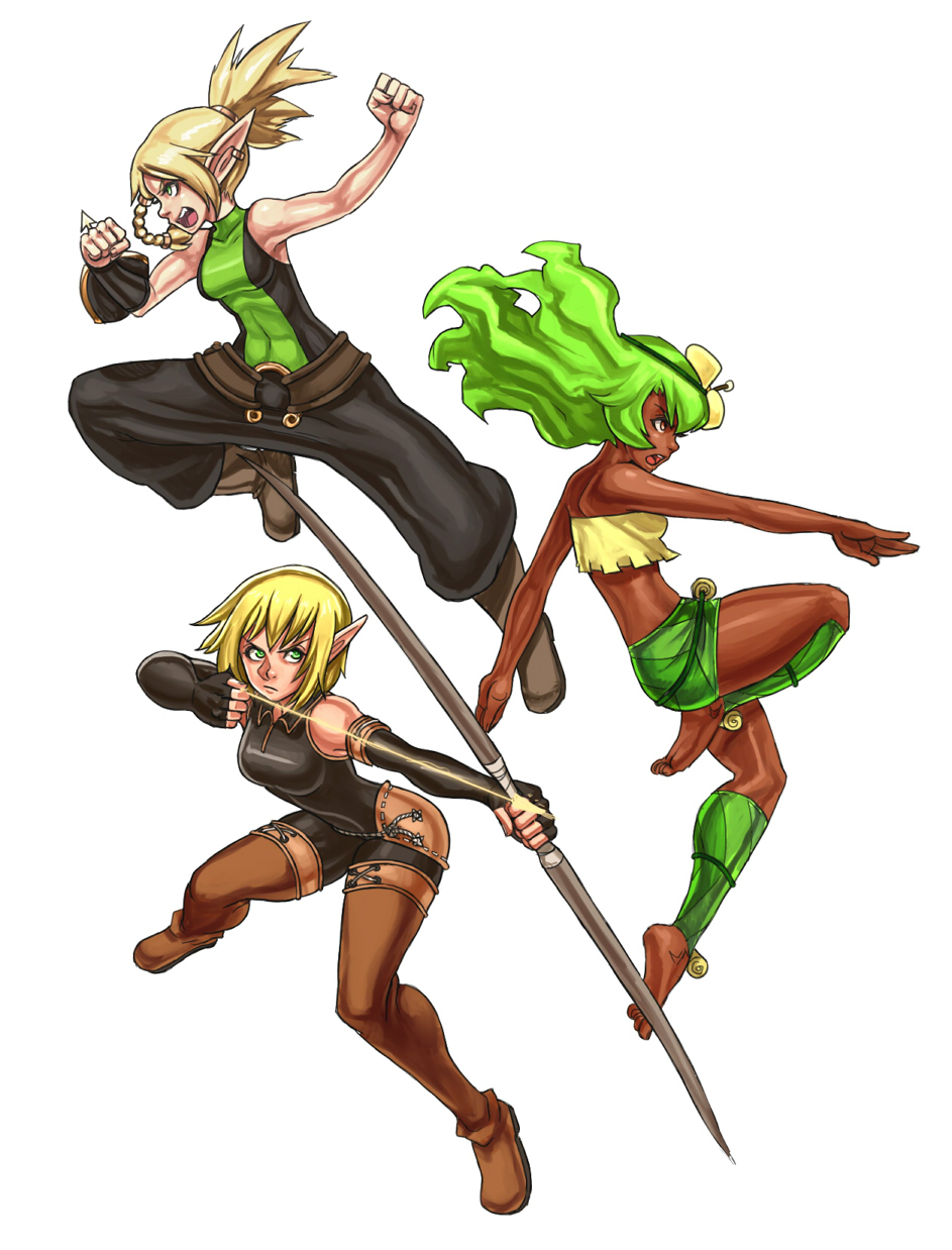 3girls abs amalia_sheran_sharm animoose arrow baggy_pants bandeau barefoot belt bodysuit boots bow_(weapon) braid brown_eyes clenched_hands clothed_navel cra dark_skin earrings elf evangelyne flower greaves green_eyes green_hair hair_flower hair_ornament highres jewelry long_hair midriff miniskirt multiple_girls pointy_ears ponytail sadida short_hair single_braid single_sleeve skirt sleeveless small_breasts thigh-highs thigh_boots time_paradox toned wakfu weapon