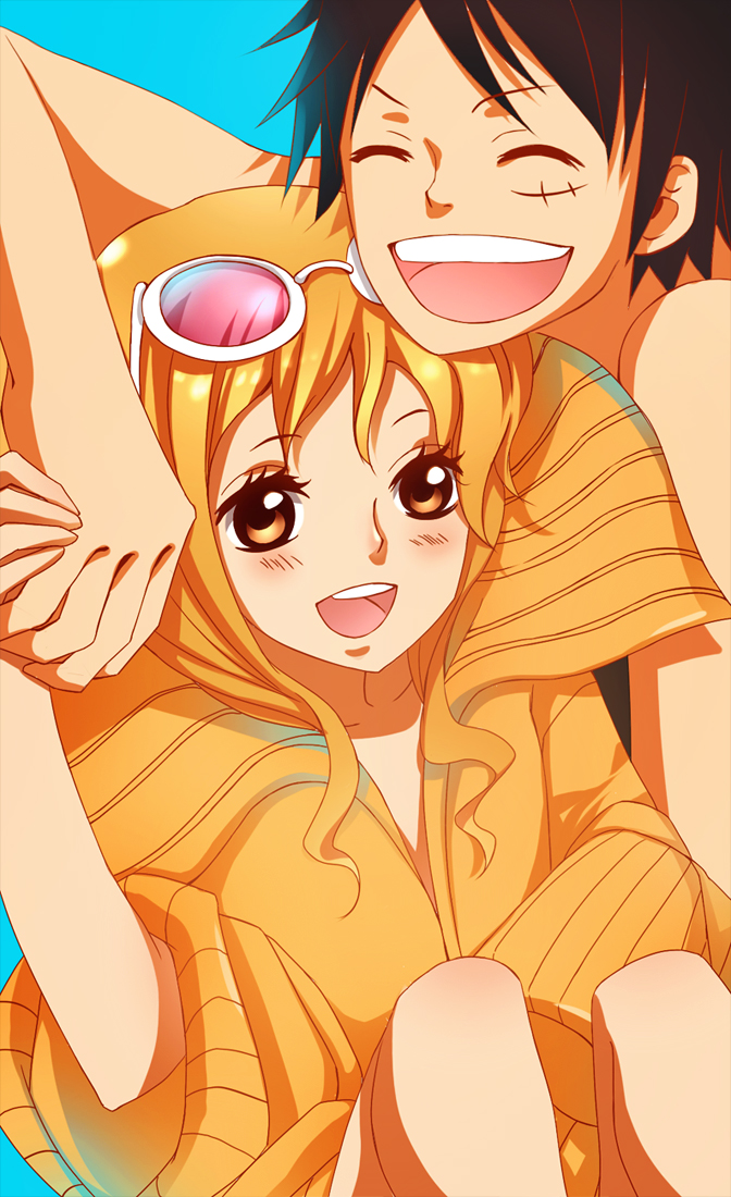 1boy 1girl age_regression brown_eyes child glasses monkey_d_luffy nami one_piece one_piece_film_z orange_hair oversized_clothes smile sunglasses young