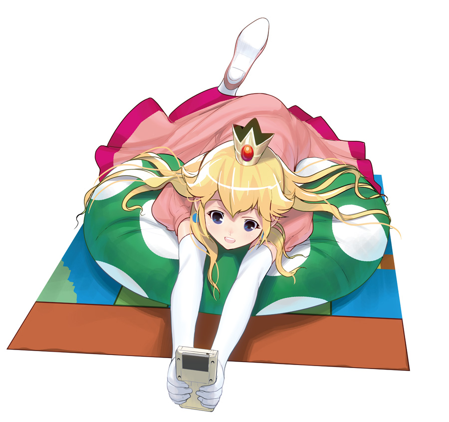 1girl blonde_hair blue_eyes crown dress elbow_gloves game_boy gloves holding super_mario_bros. masao on_stomach open_mouth pillow princess_peach simple_background solo super_mario_bros. white_background