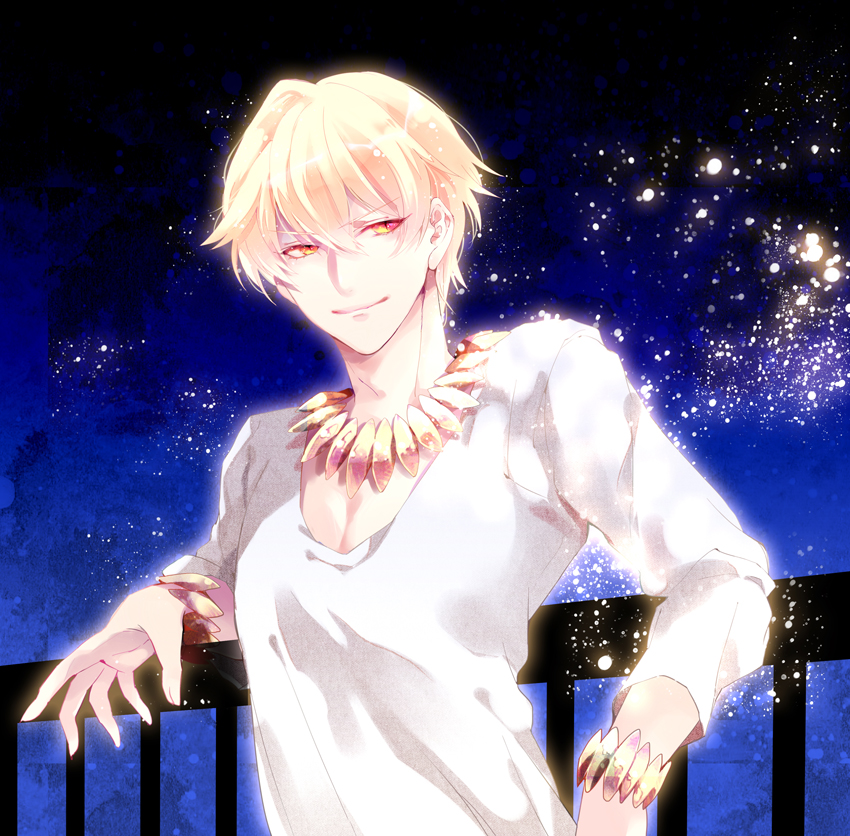 1boy black_hair blonde_hair fate/zero fate_(series) gilgamesh jewelry necklace railing red_eyes solo wingtemple