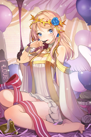 angel_wings armlet balloon bangs bare_shoulders barefoot blonde_hair blue_eyes blue_rose blush bow breasts chocolate cleavage cocorip crown_of_thorns cupcake detached_sleeves dress earrings flower grin jewelry licking long_hair lowres open_mouth ribbon rose rose_pacifica sitting smile striped swept_bangs sword_girls wariza wings
