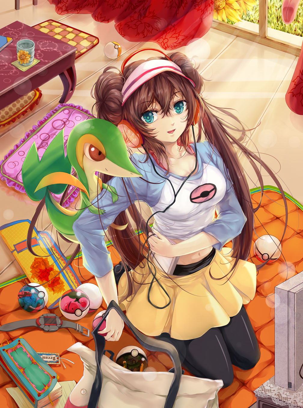 1girl bag black_legwear blue_eyes blush book breasts brown_hair cherubi cushion digital_media_player double_bun flower glass grass great_ball hat headphones hongmao long_hair ludicolo mei_(pokemon) open_mouth pantyhose poke_ball pokemon pokemon_(creature) pokemon_(game) pokemon_bw2 raglan_sleeves shorts sitting smile snivy sunflower table television tongue twintails ultra_ball visor_cap wariza