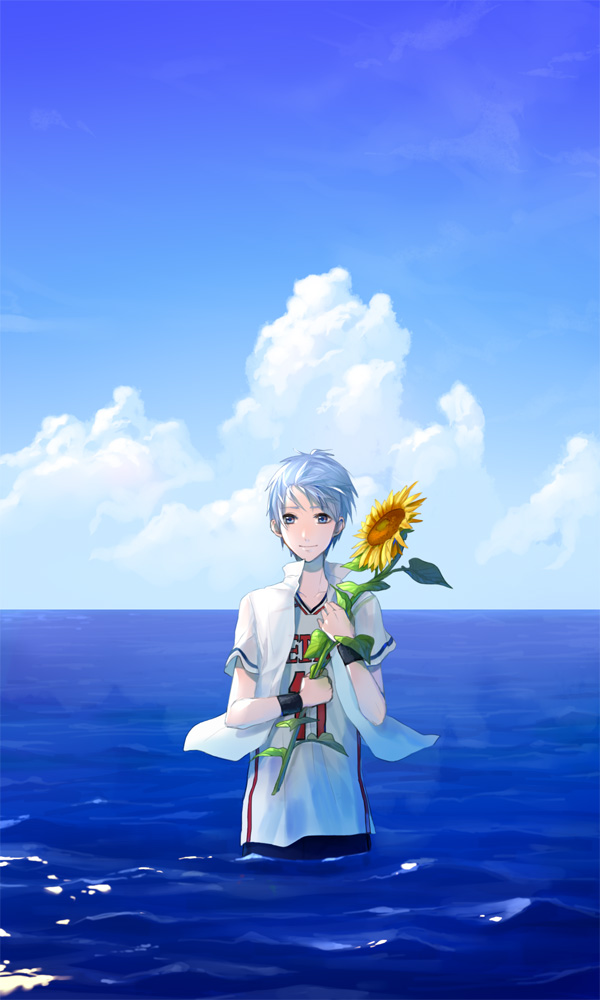 1boy basketball_uniform blue blue_eyes blue_hair flower kuroko_no_basuke kuroko_tetsuya ocean rowya sky solo sportswear sunflower