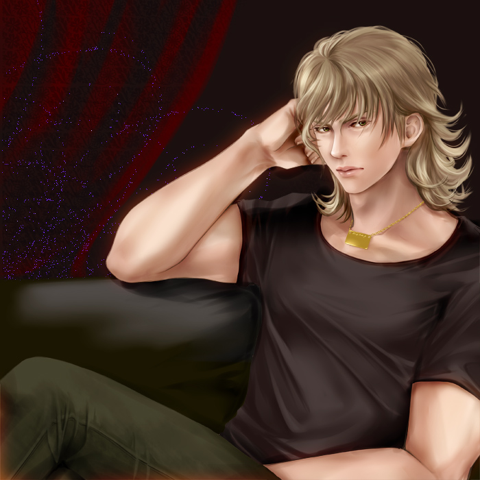 1boy blonde_hair crouton256 curly_hair green_eyes solo t-shirt tiger_&amp;_bunny