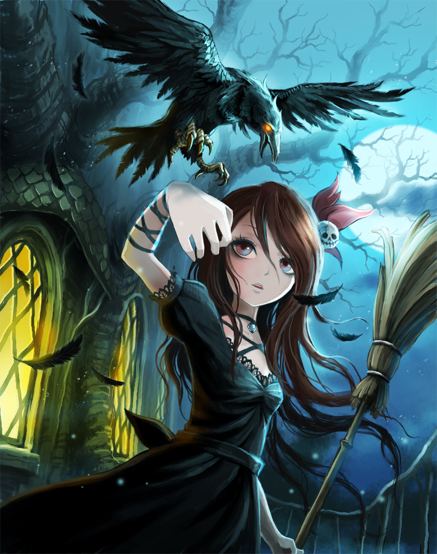 1girl bare_tree bird broom brown_eyes brown_hair choker crow dress feathers glowing glowing_eyes hair_ribbon jewelry lace_trim moon necklace night night_sky original parted_lips ribbon skull sky solo tree ume_(illegal_bible)