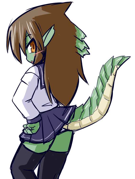 1girl anthro asuka_tsubasa black_legwear brown_hair dragon_girl dragon_tail from_behind furry green_skin hand_on_hip long_hair monster_girl orange_eyes original pantyshot_(standing) pleated_skirt pointy_ears ryuujin_no_senpai scales school_uniform serafuku skirt solo tail thigh-highs