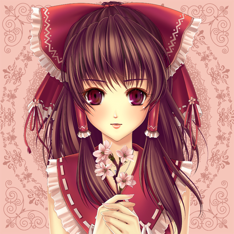 1girl bad_id blush brown_hair bust cherry_blossoms female flower hakurei_reimu hands_together holding holding_flower mai_(pixiv282116) ouka_mai purple_eyes solo touhou violet_eyes