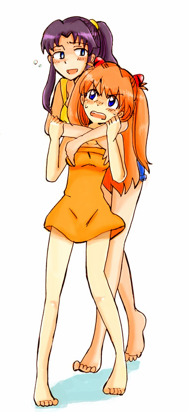 barefoot blue_eyes hug hug_from_behind jiima katsuragi_misato long_hair neon_genesis_evangelion orange_hair ponytail purple_hair souryuu_asuka_langley twintails