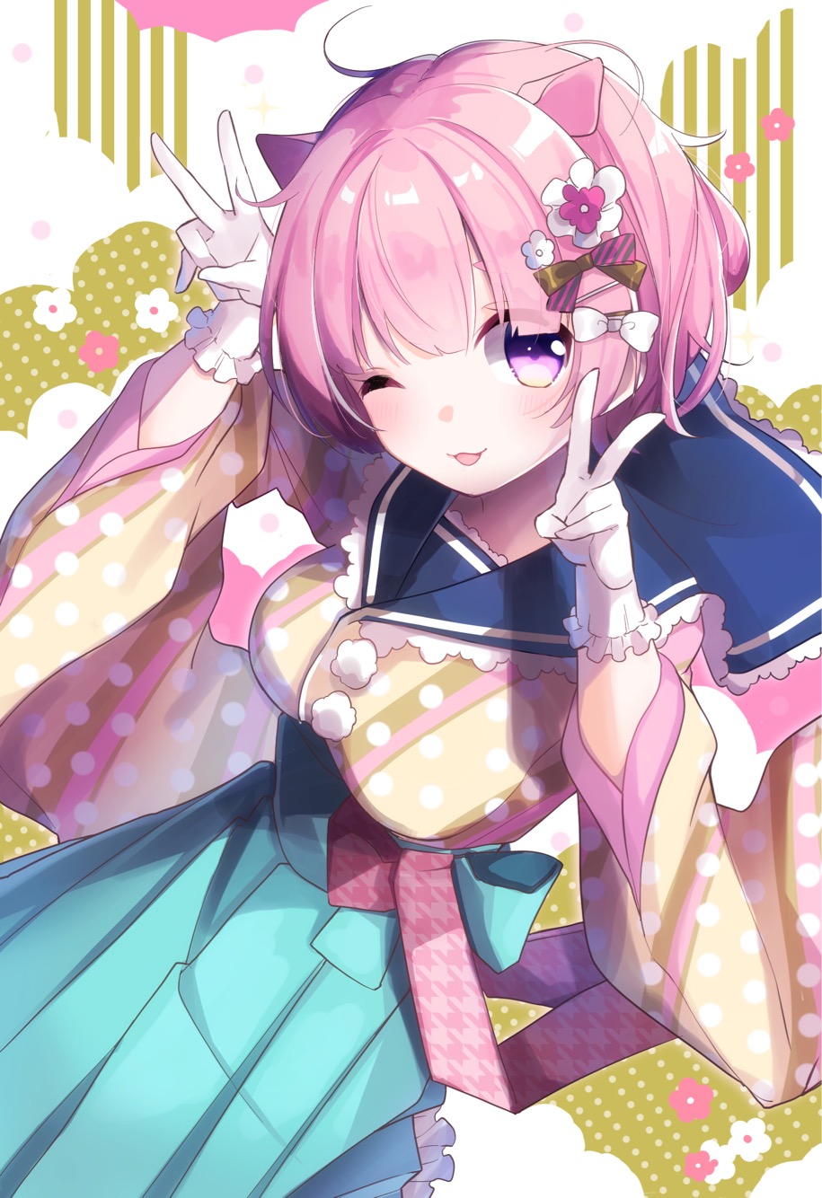 1girl :d animal_ears arms_up bangs blue_hakama blue_sailor_collar blush brown_kimono chinese_zodiac commentary_request double_v eyebrows_behind_hair frilled_gloves frills gloves goroo_(eneosu) hair_between_eyes hakama head_tilt highres japanese_clothes kimono long_sleeves looking_at_viewer nengajou new_year open_mouth original pig_ears pink_hair polka_dot polka_dot_kimono sailor_collar smile solo v violet_eyes white_gloves year_of_the_pig