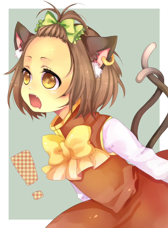 alternate_hairstyle animal_ears cat_ears cat_tail chen drooling earrings forehead hat jewelry mata multiple_tails ribbon shiny short_hair tail topknot touhou