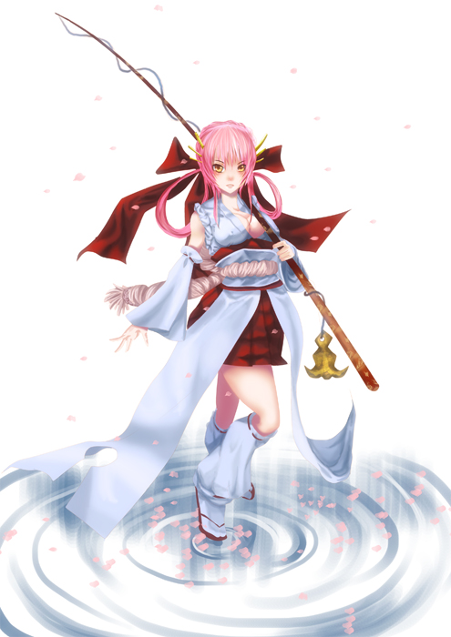 breasts cherry_blossoms cleavage erect_nipples fishing_rod gakuen_densetsu hair_bow holding holding_fishing_rod khanshin miyuki pink_hair solo yellow_eyes