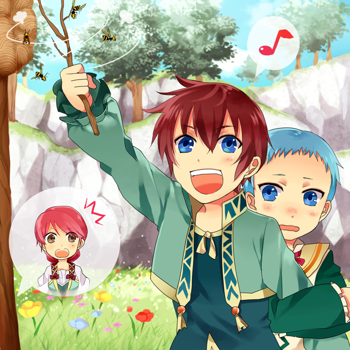 2boys arm_hug asbel_lhant bee blue_eyes blue_hair brown_eyes brown_hair cheria_barnes hiding hubert_ozwell multiple_boys musical_note red_hair redhead sen_nai tales_of_(series) tales_of_graces young