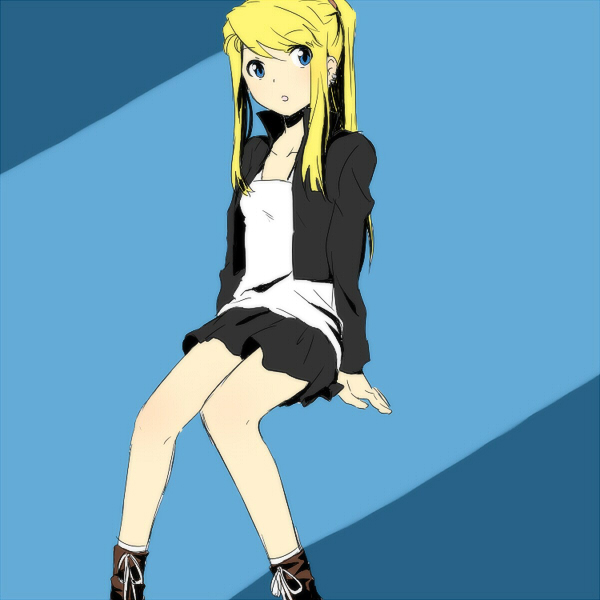 blonde_hair blue_eyes earrings fullmetal_alchemist jacket jewelry ponytail riru sitting skirt solo winry_rockbell