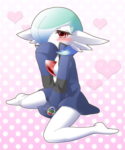 between_legs blush bottomless clothed_pokemon costume diamond_(pokemon) gardevoir heart heart_background jacket kouki_(pokemon) long_sleeves no_humans open_clothes open_shirt oversized_clothes pokemon pokemon_(creature) pokemon_(game) pokemon_dppt pokemon_rse shirt sitting sleeves_past_wrists wariza white_moon