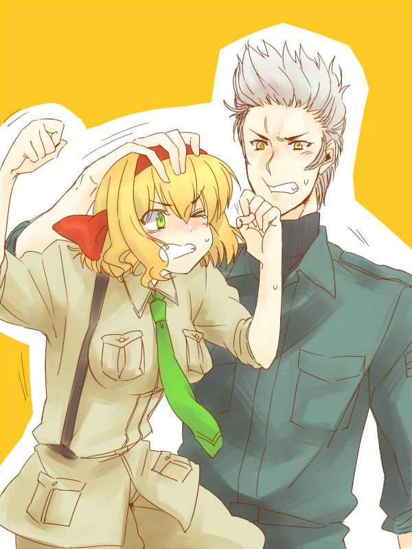 artist_request bad_id belgium_(hetalia) blonde_hair brother_and_sister green_eyes grey_hair hair_ribbon hand_on_head military military_uniform necktie netherlands_(hetalia) petting ribbon siblings sideburns sleeves_rolled_up uniform yellow_eyes