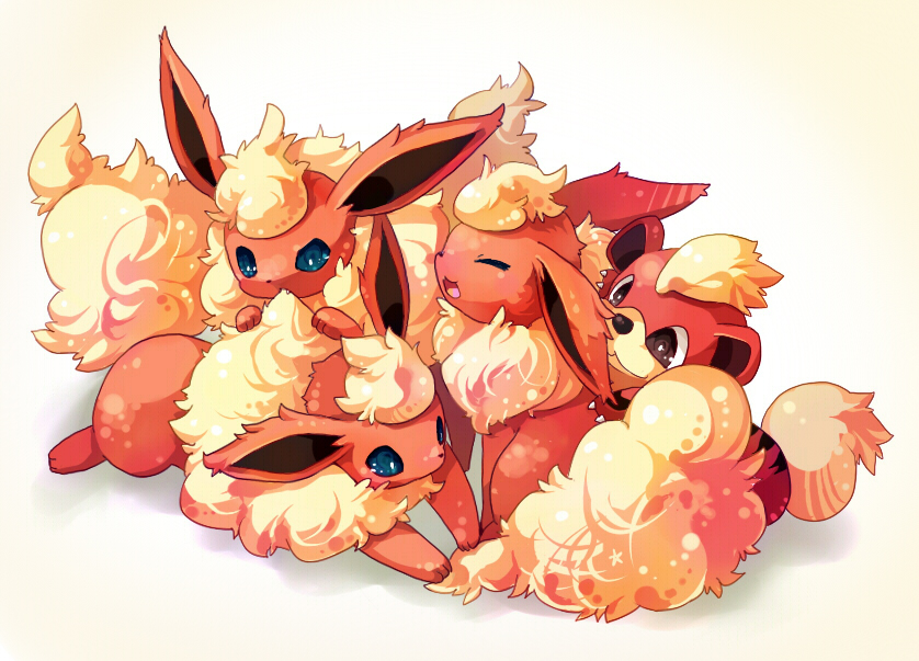 blue_eyes brown_eyes closed_eyes flareon fur growlithe kuo no_humans odd_one_out pokemon pokemon_(creature)