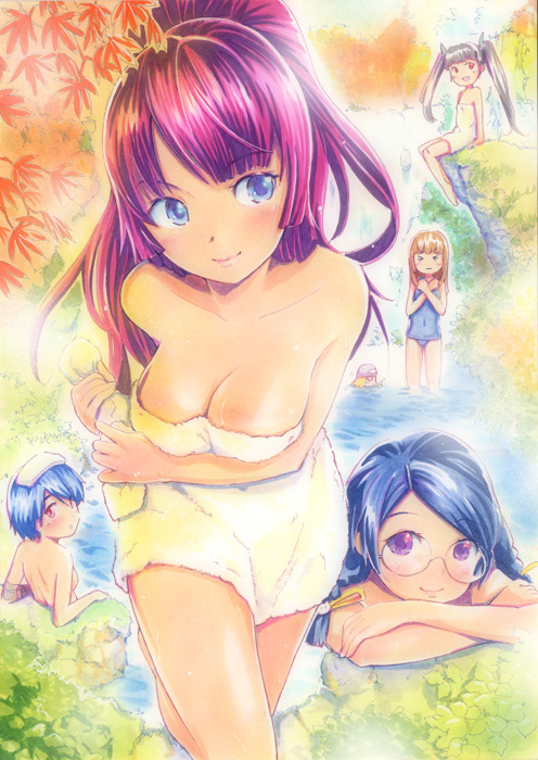 &gt;_&lt; bad_id bakemonogatari black_hair blue_hair breasts cleavage glasses hachikuji_mayoi hanekawa_tsubasa kanbaru_suruga lips mayo_riyo monogatari_(series) multiple_girls naked_towel onsen oshino_shinobu purple_hair sengoku_nadeko senjougahara_hitagi towel twintails water wet