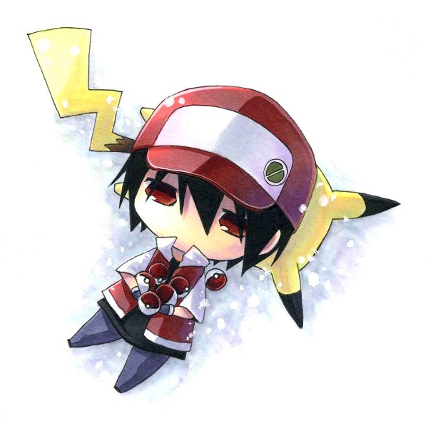 1boy baseball_cap chibi hat holding holding_poke_ball kagami_leo male pikachu poke_ball pokemon pokemon_(creature) pokemon_(game) pokemon_rgby red red_(pokemon) red_(pokemon)_(classic) snow